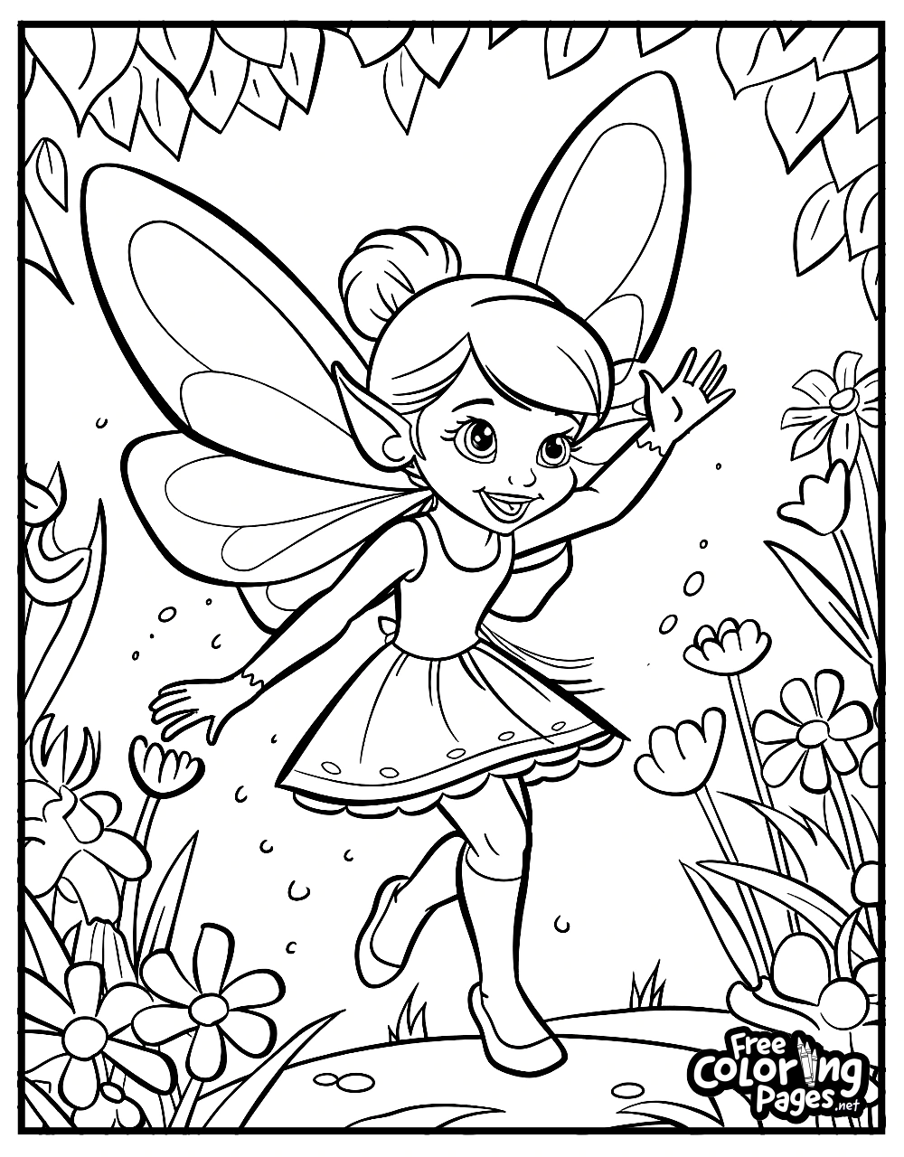 A contemplative Tinkerbell sits on a leaf, surrounded by detailed flowers and leaves, ready for coloring