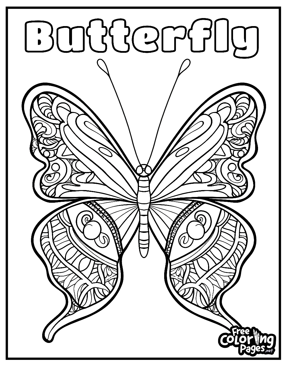 Detailed butterfly adult coloring page with intricate patterns, ideal for a relaxing coloring session