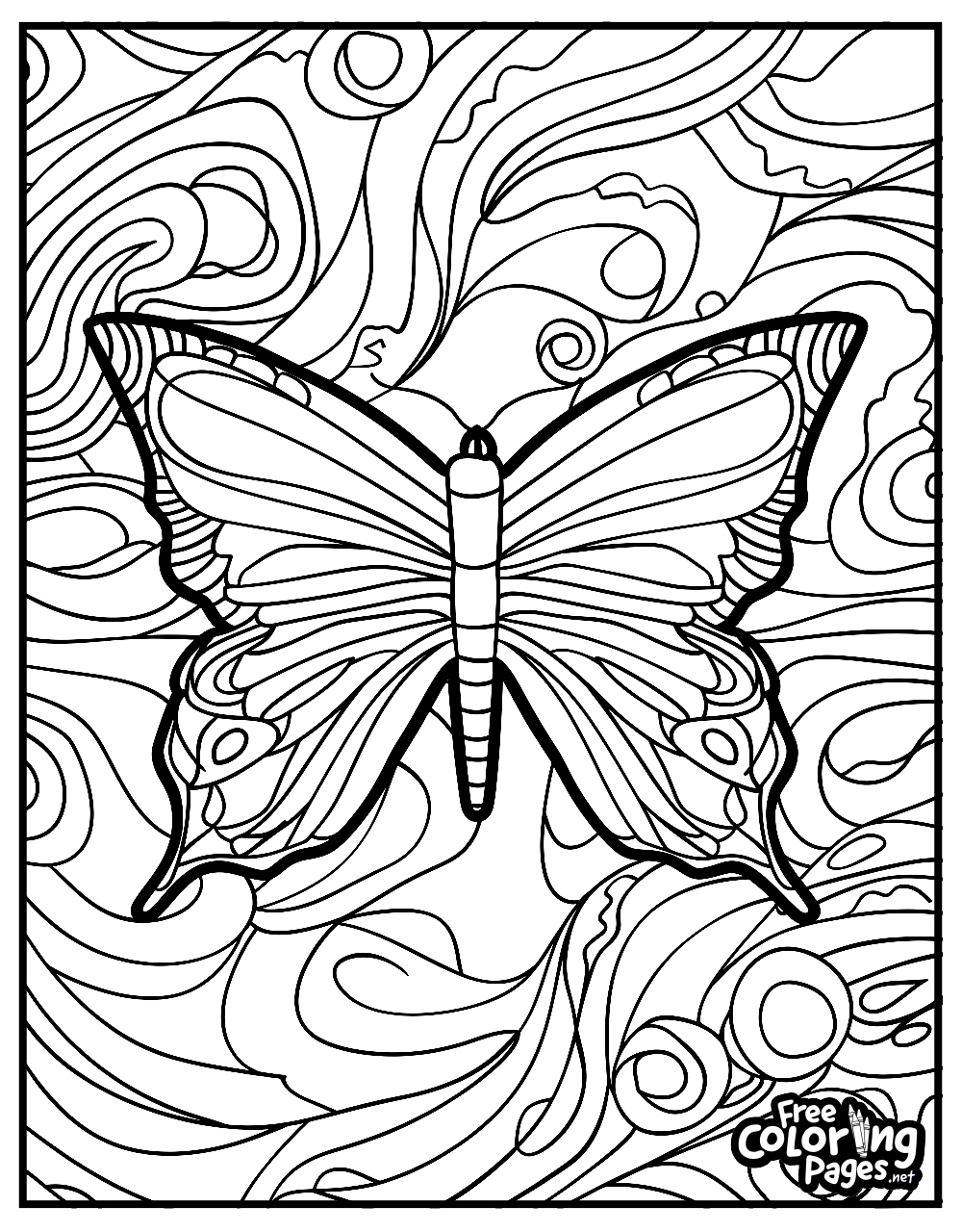 Nature-themed butterfly coloring pages for kids, including a butterfly over flowers with a serene backdrop