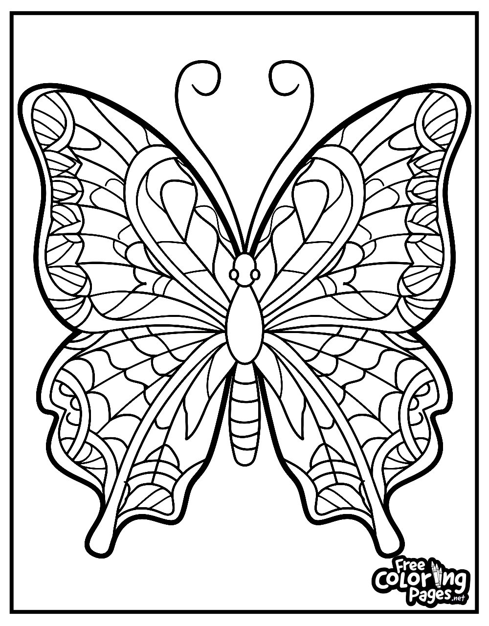 Butterfly adult coloring page with ornate wing designs and fluid lines, perfect for detailed coloring