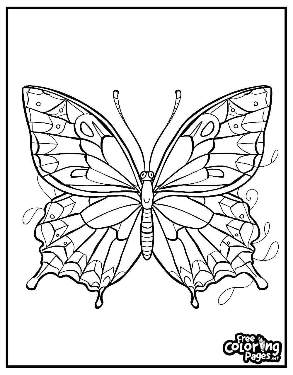 Butterfly coloring sheet for kids featuring a butterfly with dotted wings and simple shapes, easy to color