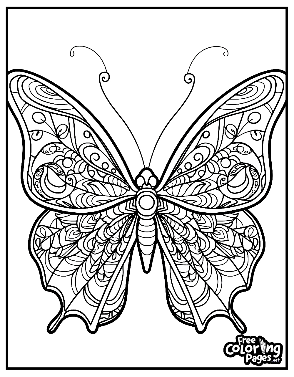 Butterfly free coloring pages showcasing a butterfly with swirls and intricate details, great for adult coloring enthusiasts