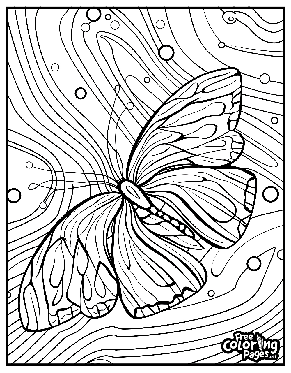 Butterfly adult coloring pages printable featuring a butterfly amidst abstract patterns, providing a creative challenge