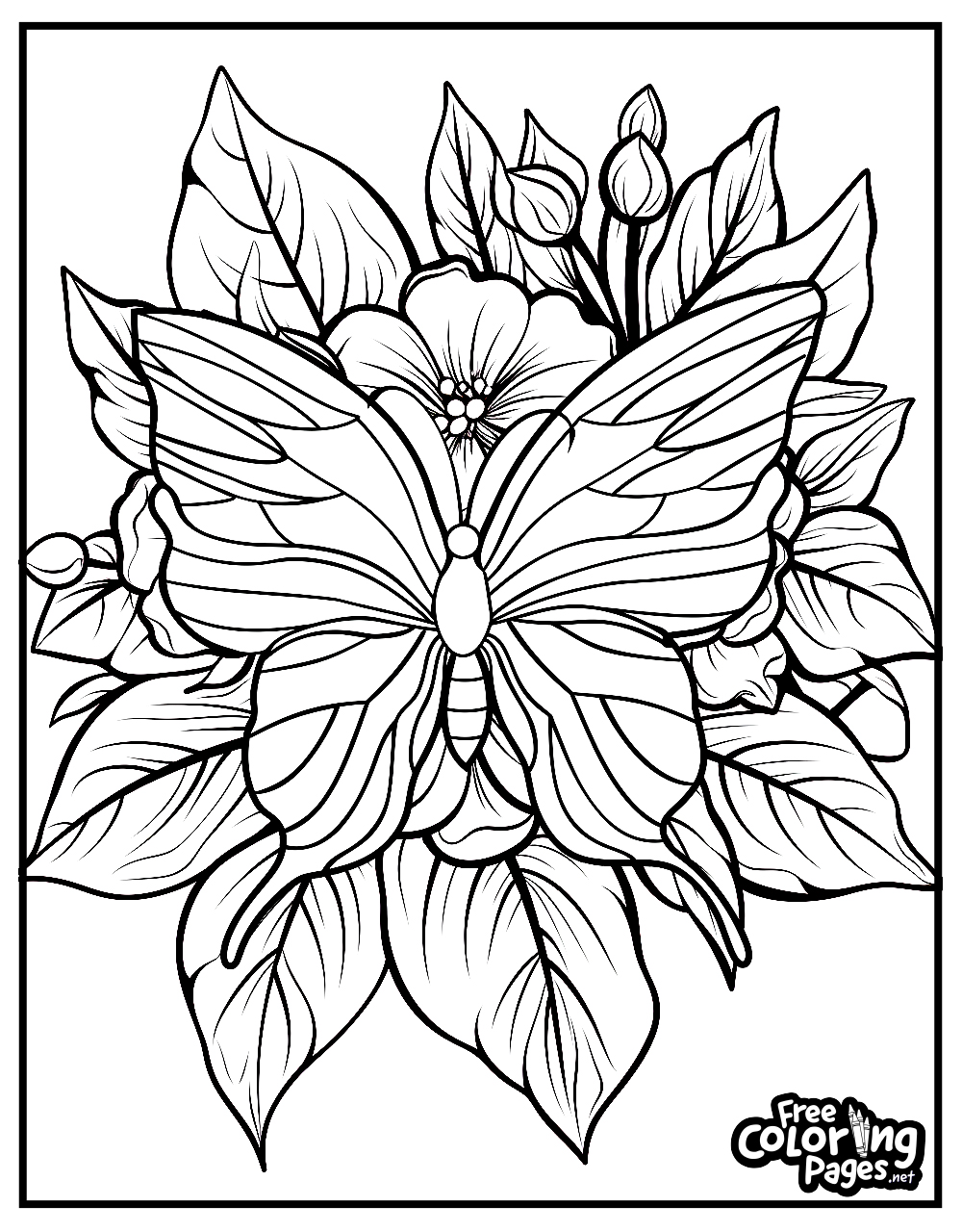 Butterfly coloring pages for kids displaying a playful butterfly over a stylized floral background