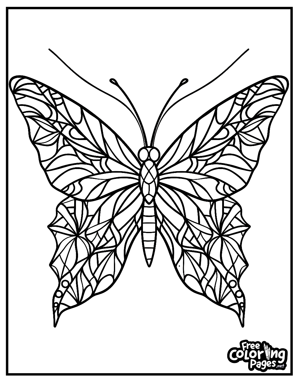 Butterfly free coloring pages for kids with a large, friendly butterfly and basic shapes, ideal for young children