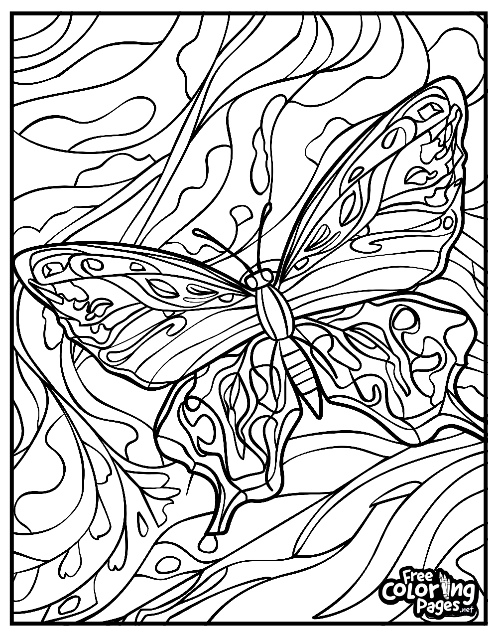 Butterfly free printable coloring pages offering a detailed butterfly on a dynamic, wavy background