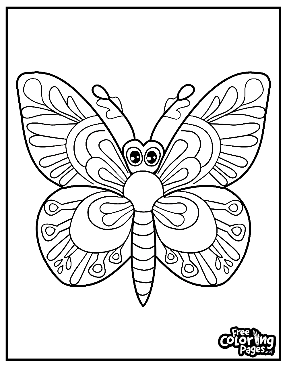 Playful butterfly coloring sheet for kids featuring a cartoon butterfly with large eyes and whimsical wings