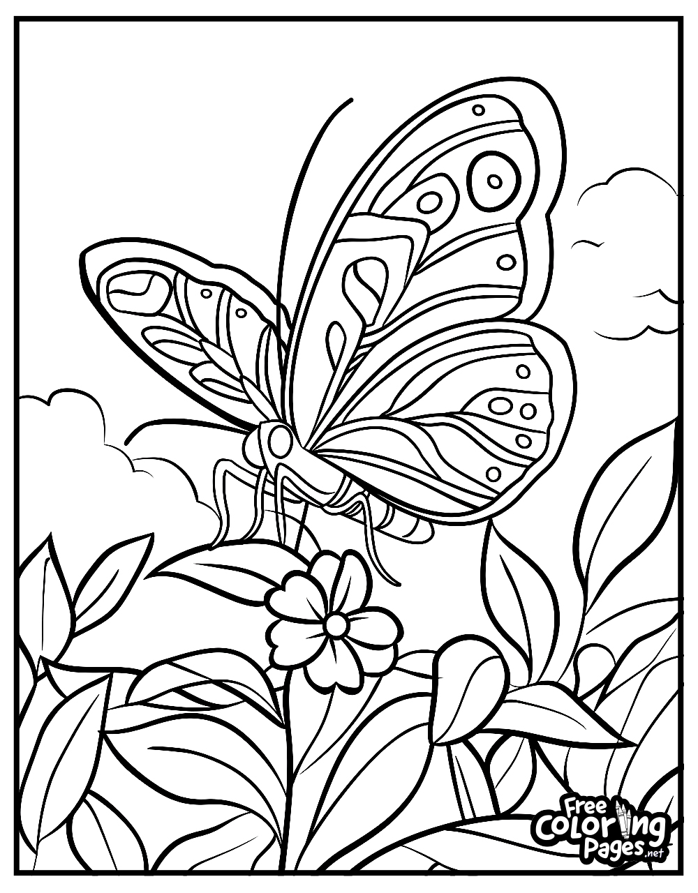 Butterfly printable coloring page showcasing a butterfly perched on a flower, surrounded by lush foliage