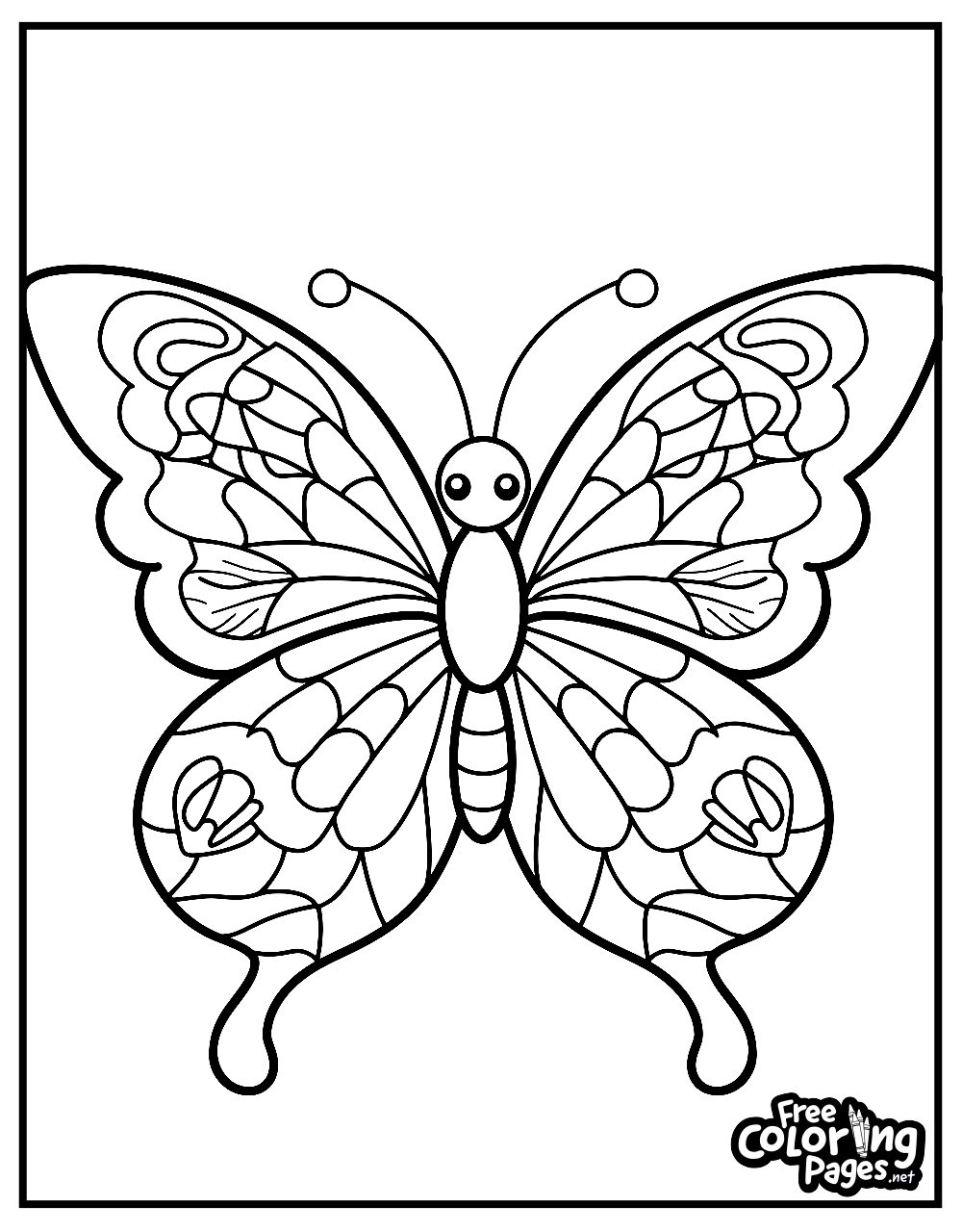 Butterfly coloring page with a symmetrical design and decorative wings, suitable for all ages