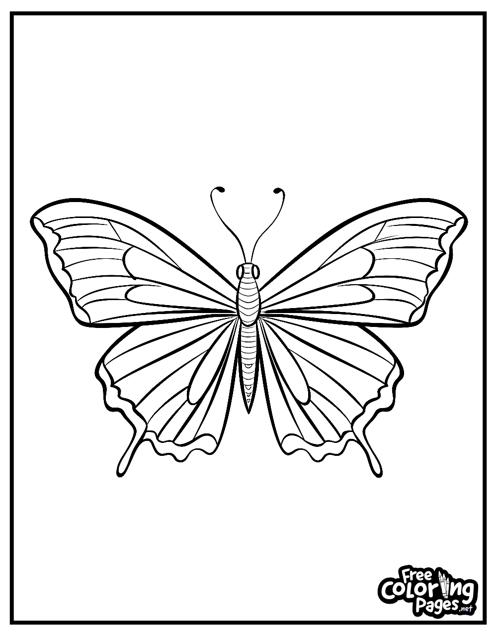Simple butterfly kids coloring page with broad wings and minimal patterns, easy for young children to color