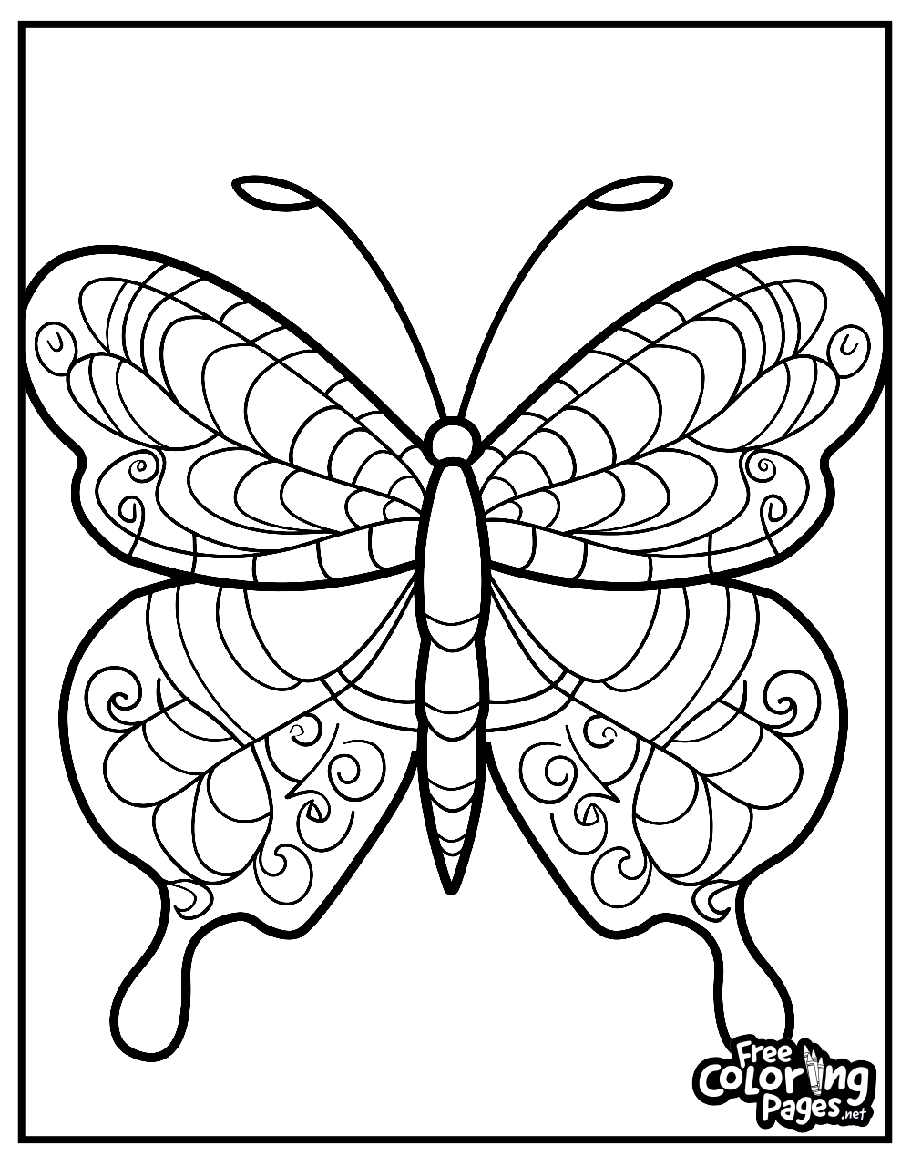 Elegant butterfly coloring page for adults, featuring a butterfly with ornate wings and intricate designs