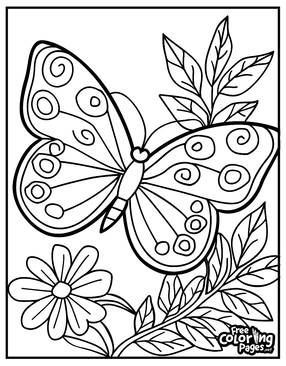 Butterfly coloring sheet depicting a butterfly with large, patterned wings, ideal for creative expression